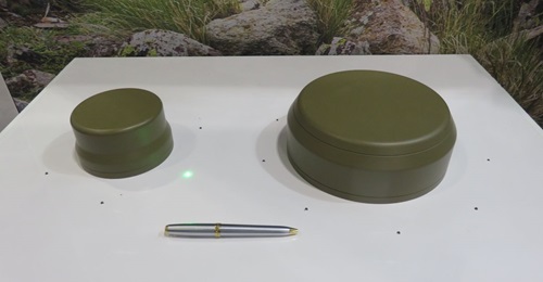 Raytheon UK's Landshield (left) and Landshield Plus (right) GPS defensive antennas displayed at DSEI 2019.