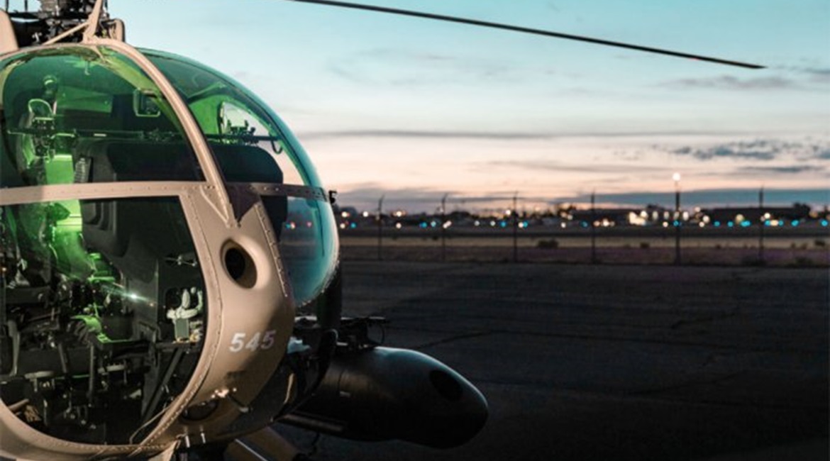 One of six MDHI MD 530F light attack helicopters for Kenya seen at the manufacturer's facility in Mesa, Arizona, ahead of delivery.