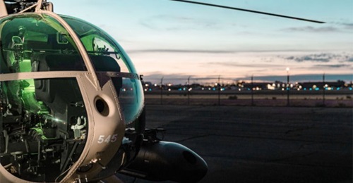 One of six MDHI MD 530F light attack helicopters for Kenya seen at the manufacturer's facility in Mesa, Arizona, ahead of delivery.
