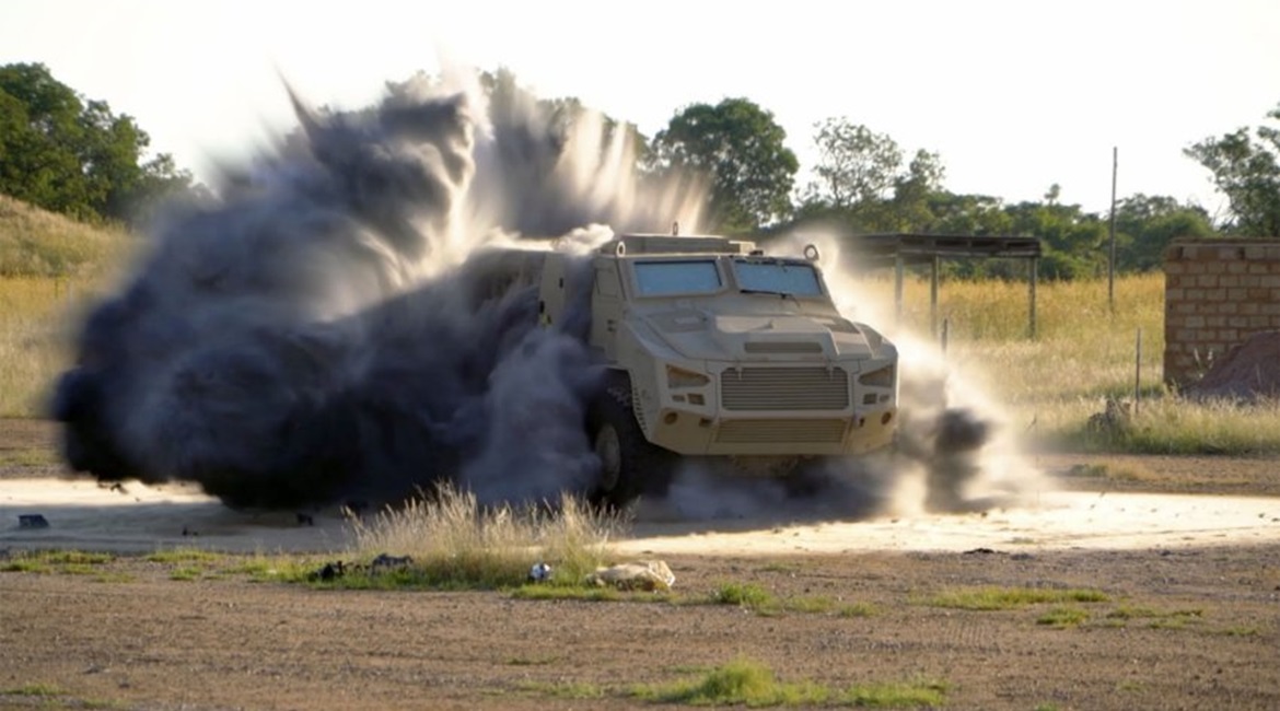 The Paramount Group Mbombe 4 undergoing blast testing at CSIR facilities in South Africa.
