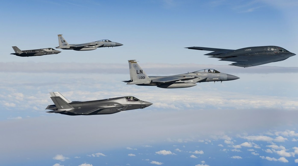 USAF B-2s, F-15Cs, and RAF F-35s, seen flying over the North Sea on 16 September, have formed strike packages.