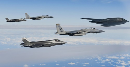 USAF B-2s, F-15Cs, and RAF F-35s, seen flying over the North Sea on 16 September, have formed strike packages.