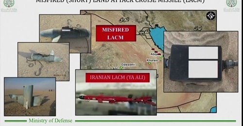 A slide from Col Maliki's briefing shows the remnants of the cruise missiles that failed to reach Abqaiq, the approximate locations where they were found, and a May 2014 Iranian photograph of the Ya Ali missile, which he said showed a prototype.