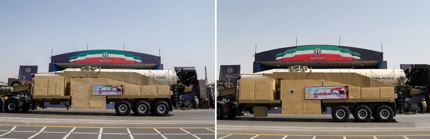 Two Khorramshahr ballistic missiles featured in the 21 September parade, one with a previously unseen and smaller re-entry vehicle (left), the other with the original re-entry vehicle (right). (Fars News Agency / Student News Network)
