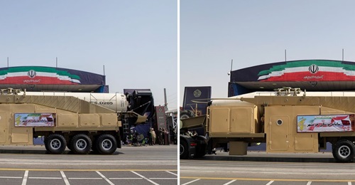 Two Khorramshahr ballistic missiles featured in the 21 September parade, one with a previously unseen and smaller re-entry vehicle (left), the other with the original re-entry vehicle (right).