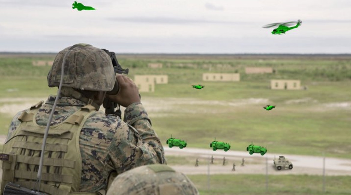 A graphic illustrating the augmented reality view as seen by a forward observer using Ravenswood's MARTE-O.