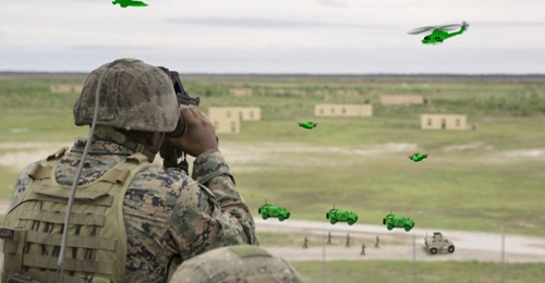 A graphic illustrating the augmented reality view as seen by a forward observer using Ravenswood's MARTE-O.