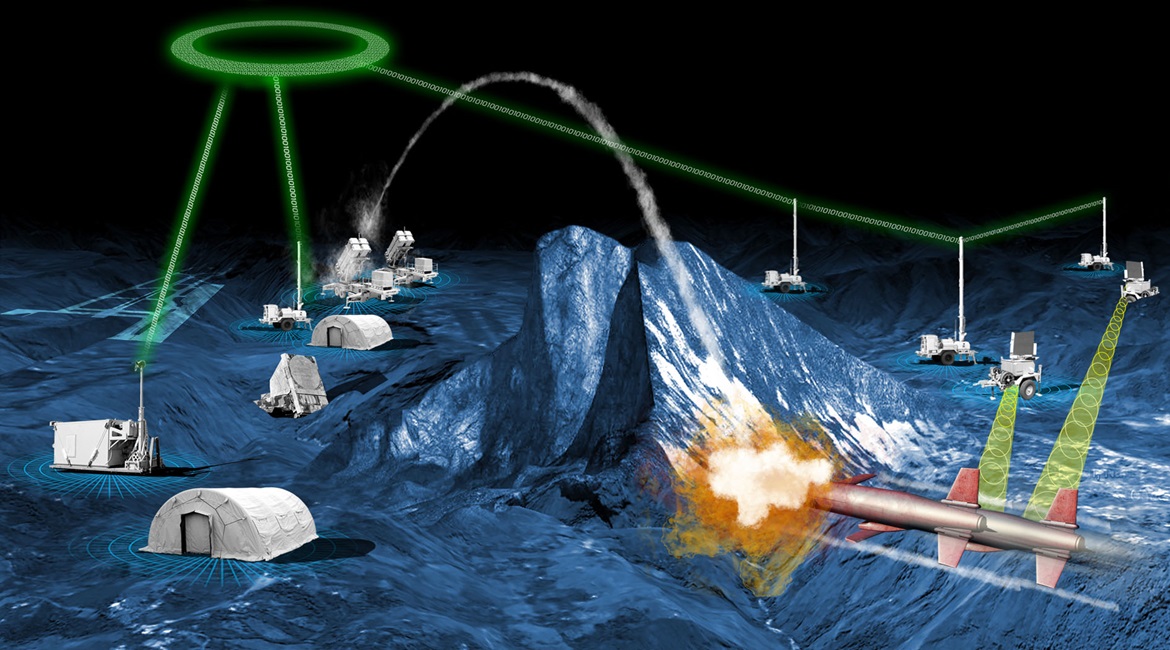 An image from Northrop Grumman shows how a Patriot battery can intercept a cruise missile that its radar cannot see because of the terrain by using the company's Integrated Air and Missile Defense Battle Command System (IBCS) to network Sentinel radars...