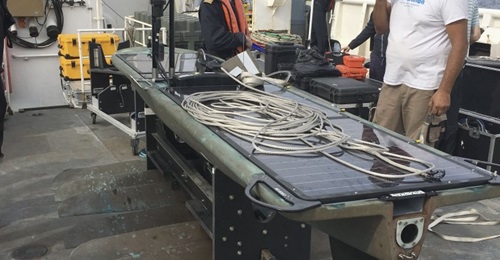 A Waverider USV is prepared for launch on NATO's Exercise REP(MUS) off Portugal in September 2019. The exercise saw a range of surface and submarine platforms networked together using the Janus communications standards.