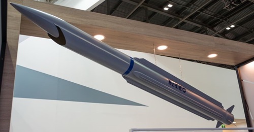 A concept SFRJ-powered surface-to-air interceptor displayed on the Nammo stand during the DSEI 2019 exhibition in London in September.