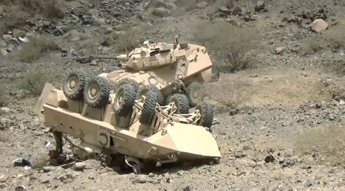 A still from the footage released by Ansar Allah shows two of the Saudi LAV II armoured fighting vehicles that were knocked out during the battle in Wadi Abu Jubarah.
