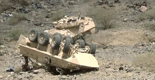 A still from the footage released by Ansar Allah shows two of the Saudi LAV II armoured fighting vehicles that were knocked out during the battle in Wadi Abu Jubarah.