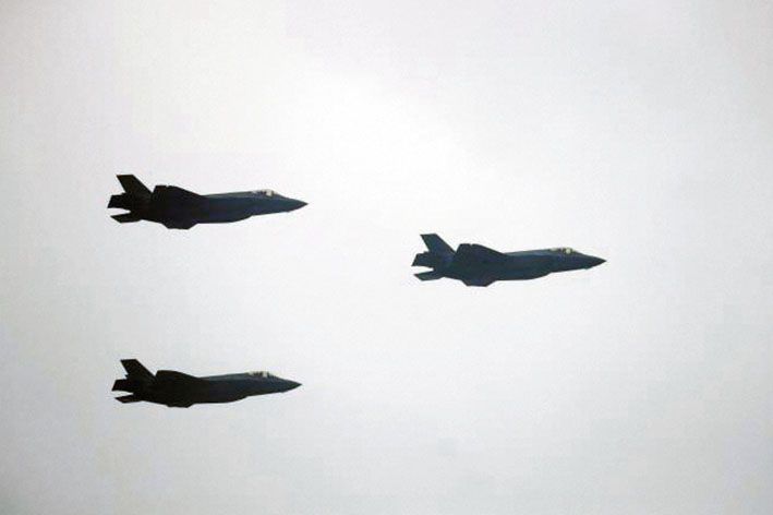 Three RoKAF F-35 fighter aircraft conduct a fly-past during an event to mark the 71th anniversary of South Korea’s Armed Forces Day on 1 October. (South Korean MND)