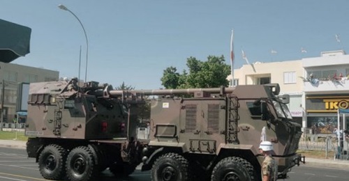 One of the Serbian-made Nora-B52 155 mm/52-calibre 8x8 self-propelled gun-howitzers bought by Cyprus on parade in Nicosia on 1 October.