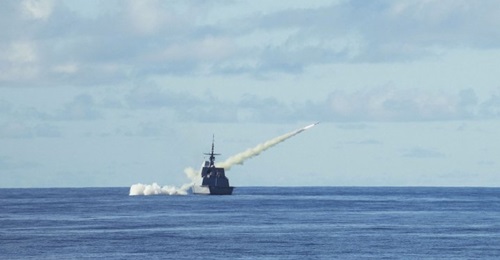The Republic of Singapore Navy (RSN) frigate RSS 
        
         firing a Harpoon anti-ship missile in the waters off Guam during Exercise 'Pacific Griffin' 2019.