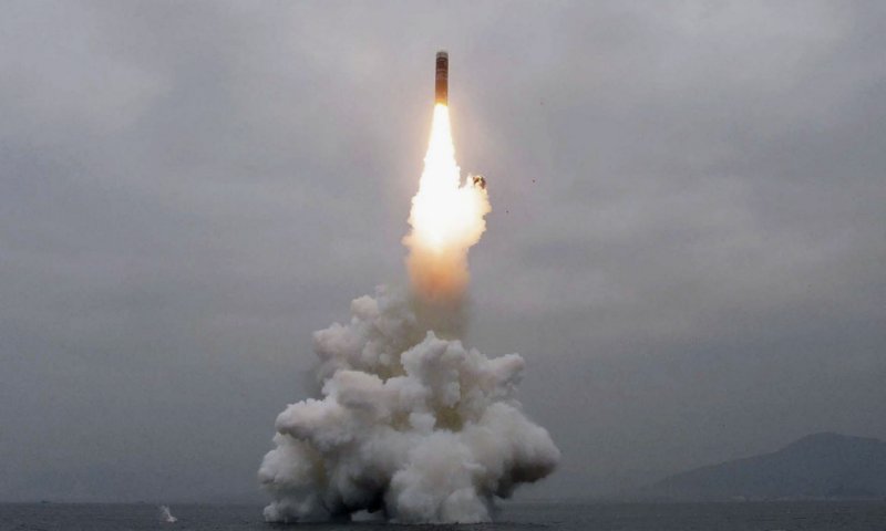 When test-fired on 2 October, North Korea’s Pukguksong-3 SLBM flew a distance of about 450 km and reached an altitude of about 910 km before falling into the East Sea (Sea of Japan), according to South Korean officials. (KCNA)