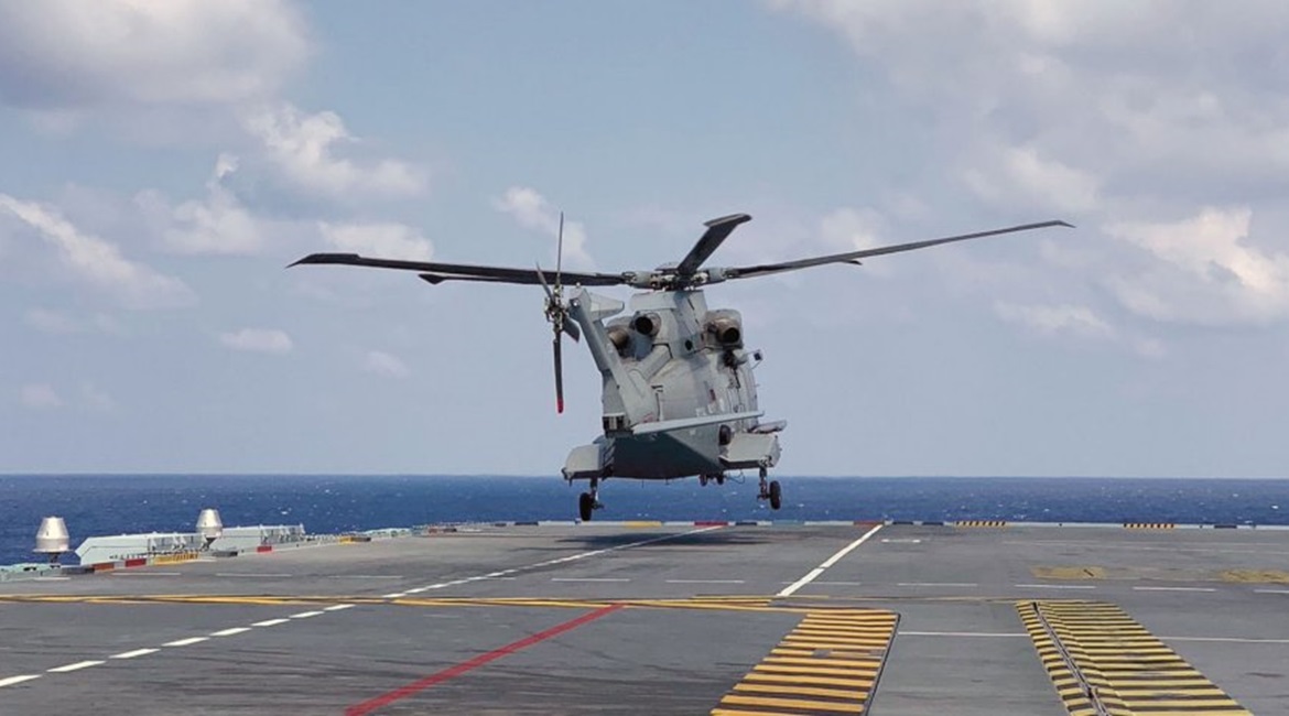 Merlin HM2 ZH826 from 820 Naval Air Squadron conducts a 'backwards' landing as part of rotary-wind development trials.
