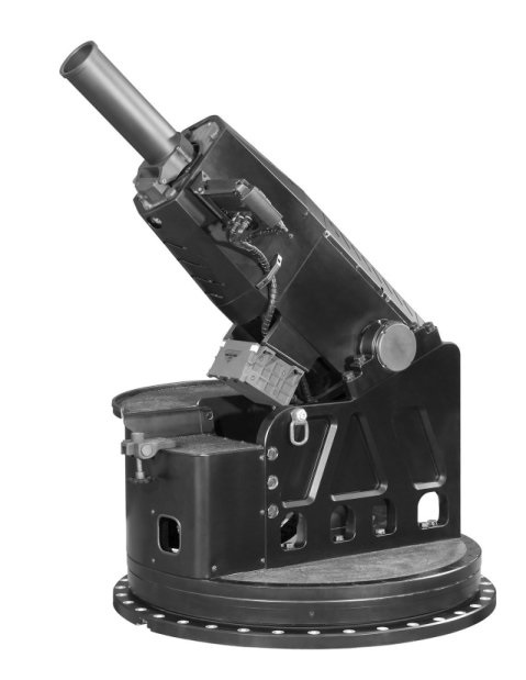 The turntable-mounted Rheinmetall Norway MWS 120 Ragnarok mortar as it would be deployed in the firing position in an armoured fighting vehicle.