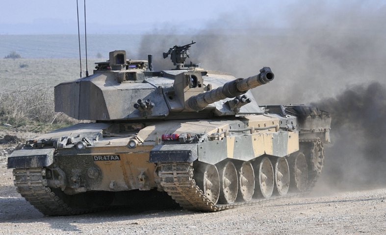 A British Army Challenger 2 MBT showing the protected housing for the Thermal Sighting System mounted externally above the rear of the 120 mm L30A1 rifled gun, and with cover open.