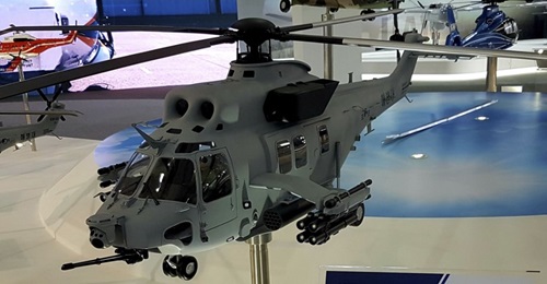 A model of the Korea Aerospace Industries Surion Marine Attack Helicopter at ADEX 2019 shows the 20 mm Gatling gun and EO/IR sensor in the nose and the stub-wing-mounted hardpoints.