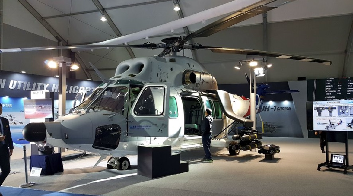 The prototype Surion 1E utility helicopter for the international export market was exhibited at ADEX 2019.
