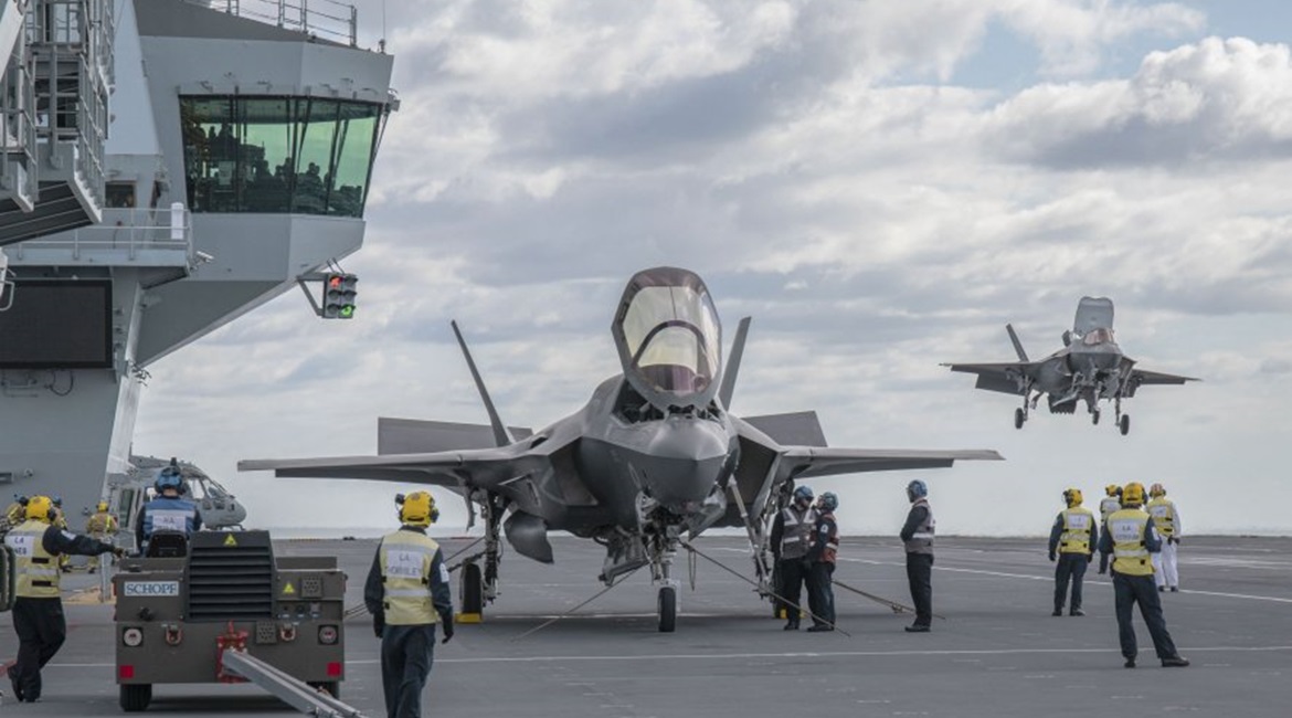 UK F-35B aircraft embarked on HMS 
        
         for the first time on 13 October to undertake operational testing.