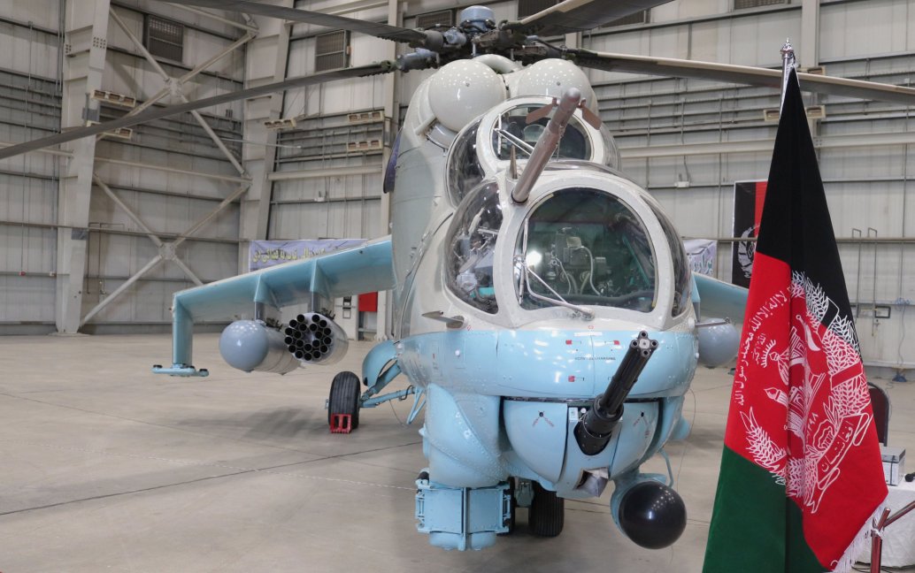 One of the two refurbished Russian-built Mi-24V helicopters India handed over to the ANDSF on 15 October. (Via Indian Embassy in Kabul)