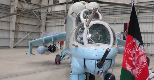 One of the two refurbished Russian-built Mi-24V helicopters India handed over to the ANDSF on 15 October.
