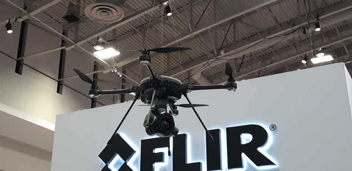 FLIR Systems' R80D SkyRaider multi-mission unmanned rotorcraft on display at the 2019 AUSA convention. The large camera on the bottom of the aircraft is a new StormCaster-T thermal camera with FLIR Boson sensor. (IHS Markit/Pat Host)