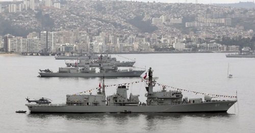 A view of part of the Chilean Navy's Escuadra Nacional - the surface combat squadron - gathered at Valparaiso in 2018 for the navy's 200th anniversary. In the foreground are two former Royal Navy Type 23 frigates acquired in 2005, while in the distance...