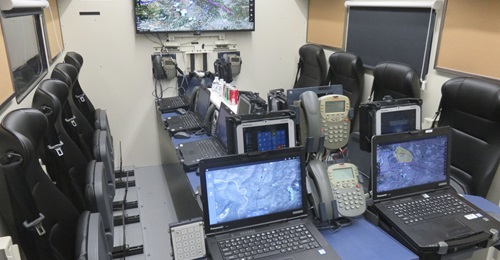 The interior of the Elbit Systems Rhino command post shelter as supplied to the IDF and displayed at AUSA 2019. It will form the basis of the Elbit Systems of America SBCT CPI2 solution. Communications and IT workstations are behind the camera.