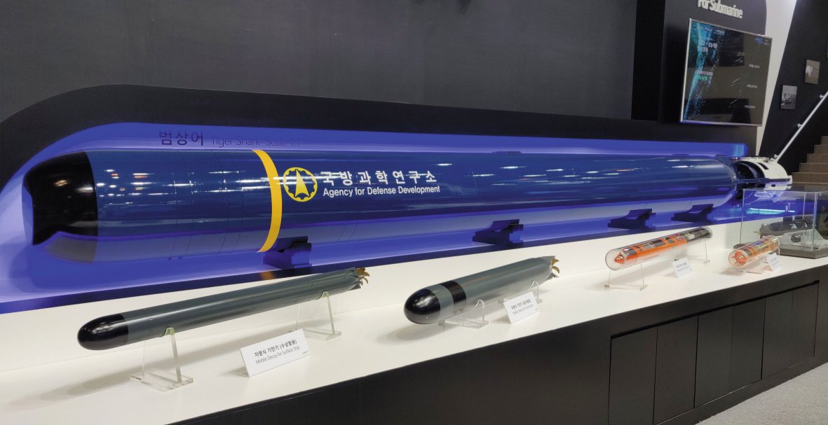 A mock-up of the Tiger Shark heavyweight torpedo on display at MADEX 2019 (M.Boruah/Janes)