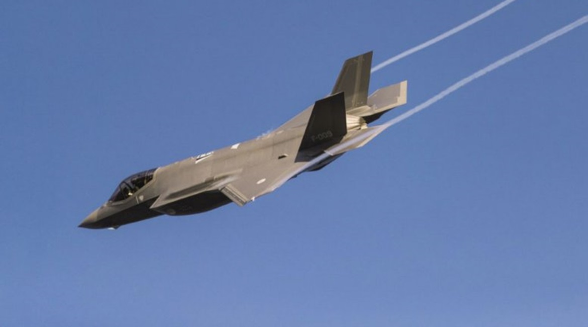 Aircraft F-009 overflies into Leeuwarden Air Base as it becomes the first operationally-assigned F-35A for the Royal Netherlands Air Force.