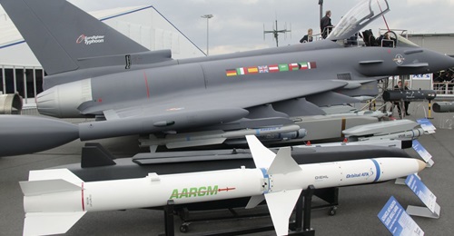 Seen in front of a Eurofighter, the AARGM anti-radiation missile could be integrated onto an ECR/SEAD-equipped aircraft for the Luftwaffe should the consortium secure the Tornado replacement requirement. While the AARGM was not shown in an Airbus brief...