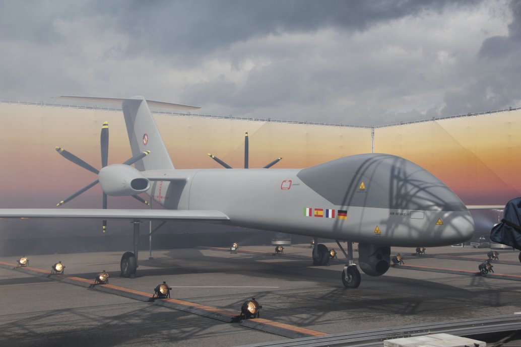 The European MALE RPAS is now being developed by France, Germany, Italy, and Spain. This full-scale mock-up was revealed at the ILA Airshow on 26 April, although some final design features were said to be missing. (IHS Markit/Gareth Jennings)