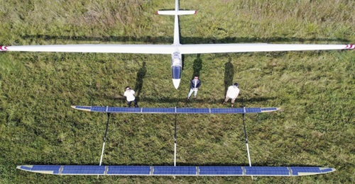 UAVOS successfully flight tested a 14 m wingspan version of its ApusDuo solar powered high altitude platform system (HAPS), pictured below.