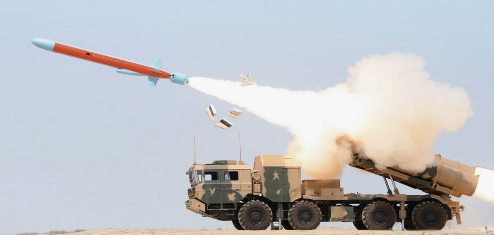 An image released by the PN in April 2018 showing the Zarb ASCM being test-launched from a TEL vehicle during exercise ‘Sealion III’. (Pakistan Navy)