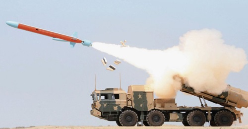 An image released by the PN in April 2018 showing the Zarb ASCM being test-launched from a TEL vehicle during exercise 'Sealion III'.
