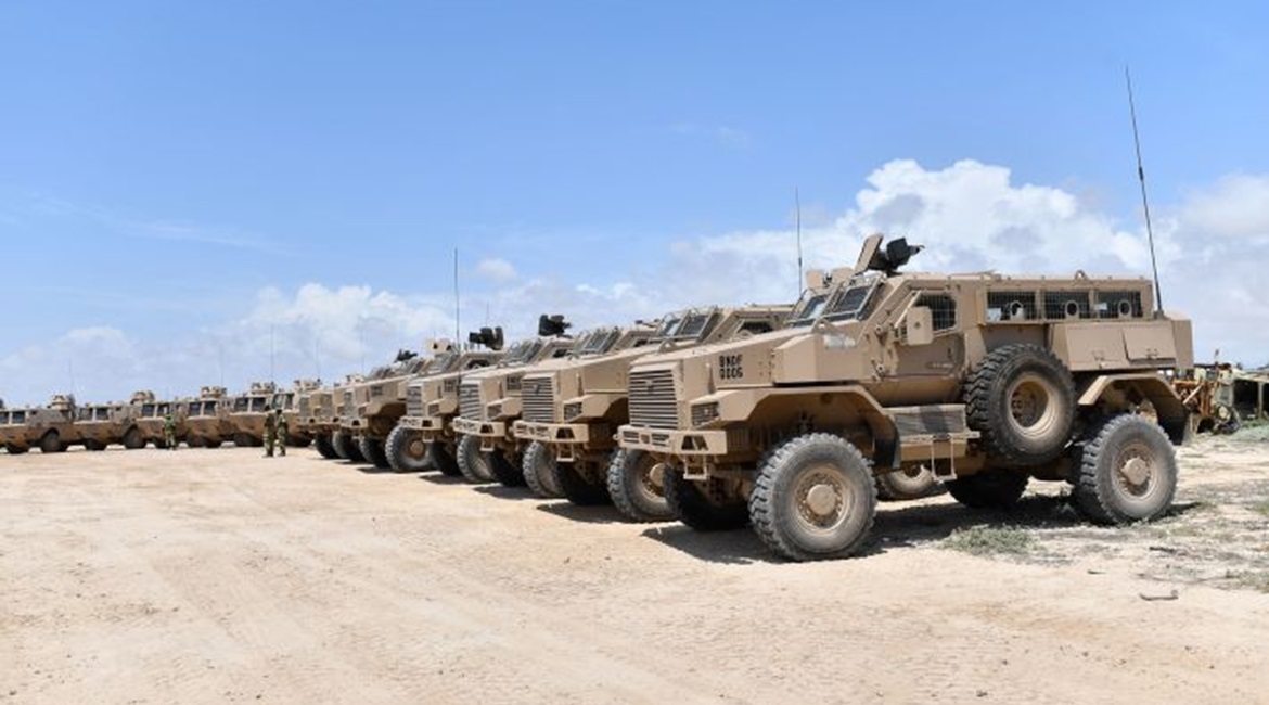 The new Springbuck HD MRAPS and Fahd wheeled APCs (background) for AMISOM's Burundian contingent are seen lined up.