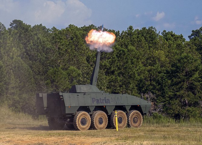 The Patria AMV fitted with a Nemo 120 mm turret-mounted mortar at Fort Benning during a recent demonstration. (US Army)