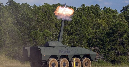The Patria AMV fitted with a Nemo 120 mm turret-mounted mortar at Fort Benning during a recent demonstration.