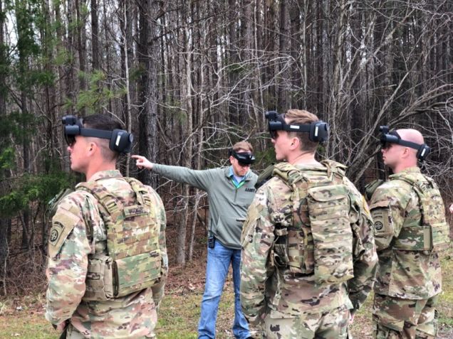 US Army soldiers using their IVAS HUD, based on the Microsoft HoloLens, during a previous test event. (US Army)