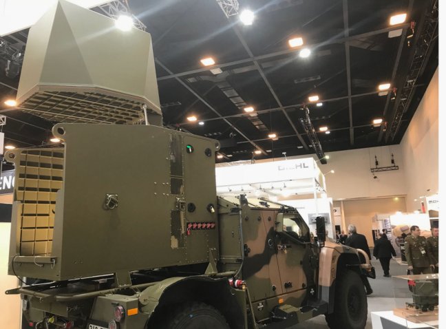 A CEATAC radar prototype mounted on the back of a Hawkei vehicle displayed during the Land Forces 2018 defence exhibition in Adelaide. The Australian DoD has ordered an undisclosed number of vehicle-mounted, active phased-array tactical radars (similar to this one) for the country’s future short-range, GBAD system. (Julian Kerr)