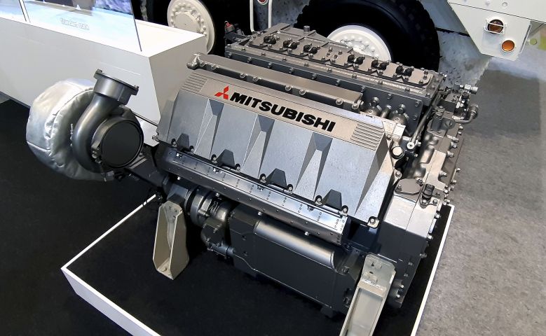 MHI displayed at DSEI Japan 2019 the 4MA 4-cylinder diesel engine set to power the Mitsubishi Armoured Vehicle. (IHS Markit / Gabriel Dominguez)