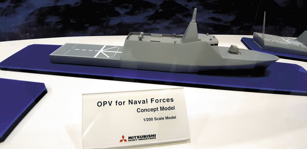 MHI displayed a scale model of its new OPV concept at DSEI Japan 2019. (Gabriel Dominguez/IHS Markit)