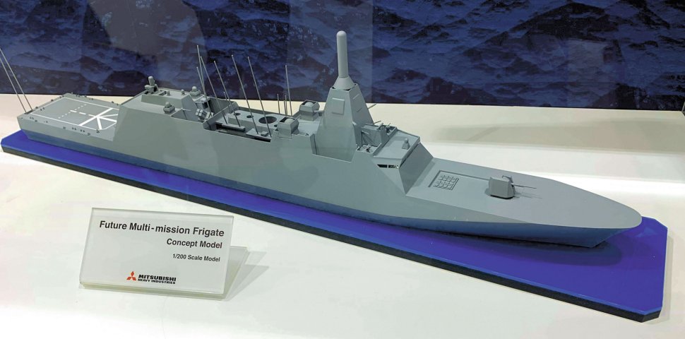 MHI displayed a scale model of its future multi-mission frigate concept at DSEI Japan 2019. (Kosuke Takahashi)
