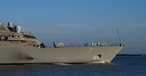 The Freedom-variant Littoral Combat Ship USS 
        
         (LCS 7) departs Naval Station Mayport, Florida.