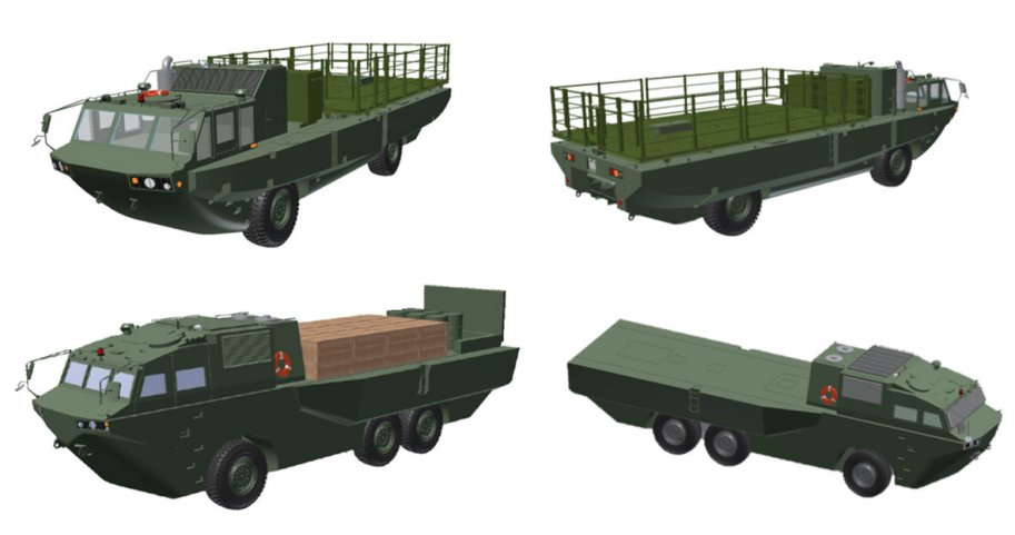 A CGI showing JMU Defense Systems' 4×4 and 6×6 multipurpose amphibious vehicles. (JMU Defense Systems)
