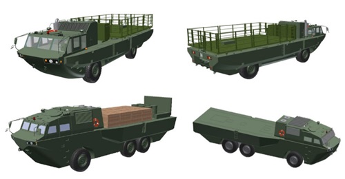 A CGI showing JMU Defense Systems' 4×4 and 6×6 multipurpose amphibious vehicles.