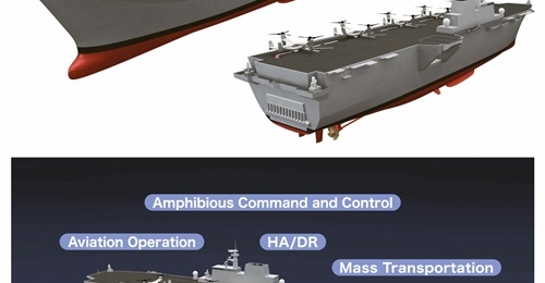 JMU unveiled at DSEI Japan 2019 the preliminary design of an LHD amphibious assault ship it plans to propose to the JMSDF.